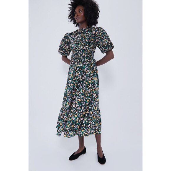 NWT Hyacinth House Black Multi Floral Smocked Samantha Midi Dress, Size XS - Picture 1 of 5